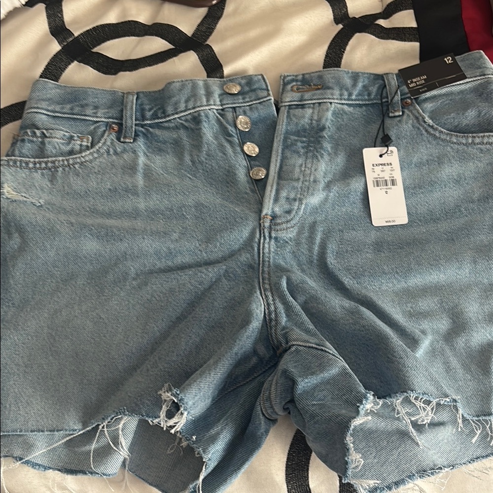Express Light Blue Denim Shorts with Distressed Hem